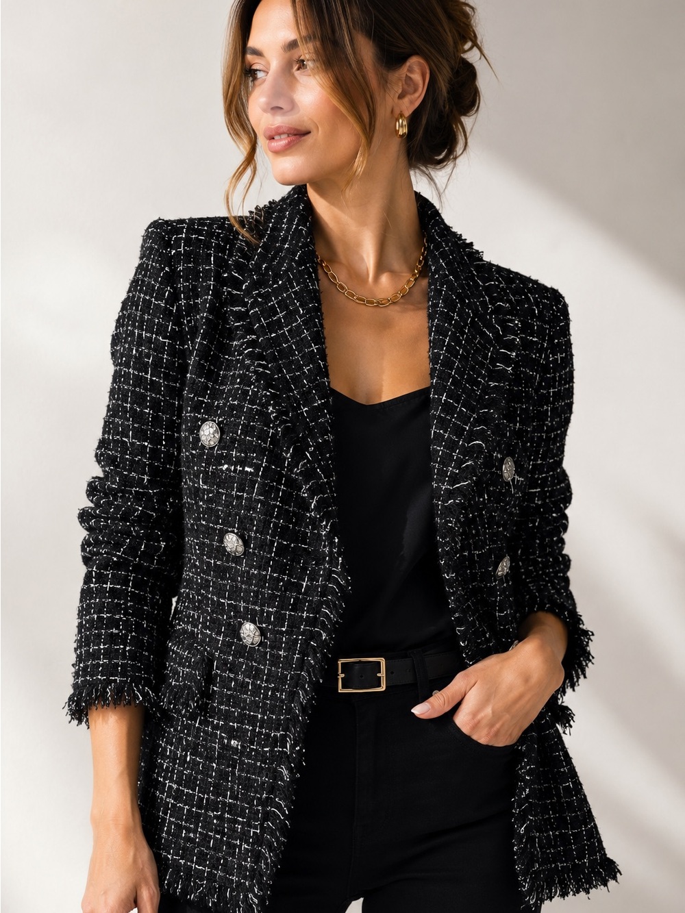 Rachel Zoe Black Tweed Double-Breasted Blazer with Silver Buttons